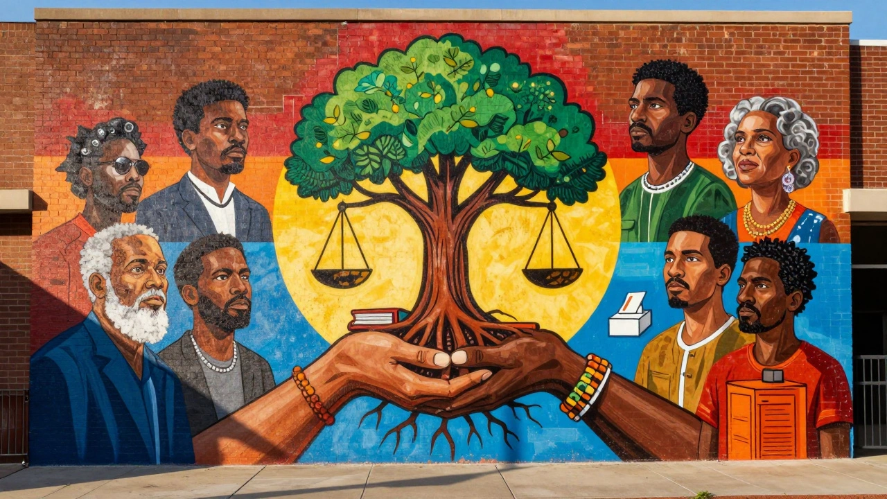 Colorful mural showing hands holding a tree with books, scales, and ballot box, surrounded by Black cultural icons.