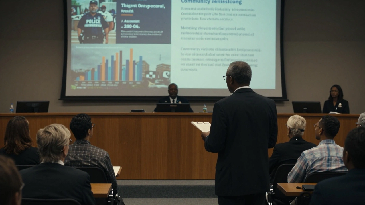 Person attending a city council meeting as a Black elder speaks under a spotlight with reform data projected behind.