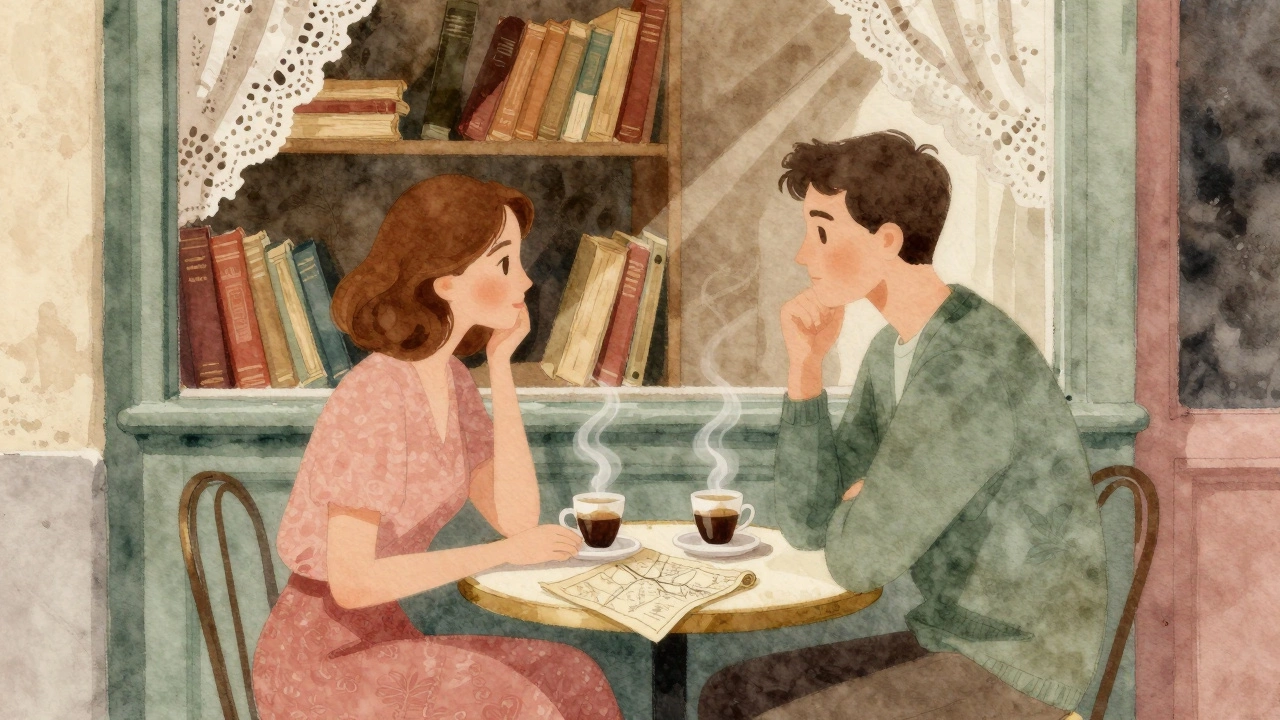 Two people share coffee at a cozy Paris café, surrounded by books and soft sunlight filtering through lace curtains.
