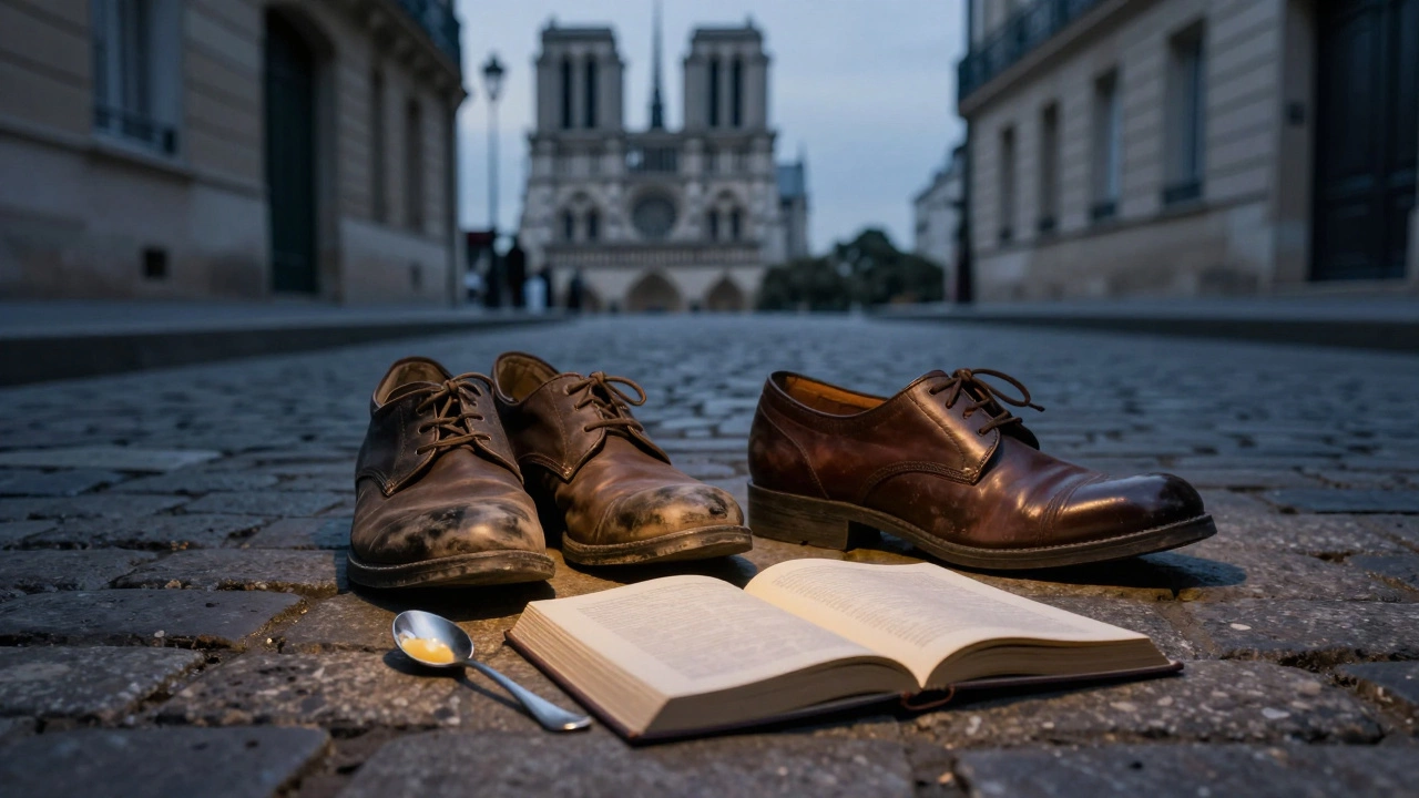 Worn shoes and an open book rest on cobblestones near Saint-Germain-des-Prés, with a crème brûlée spoon beside them.